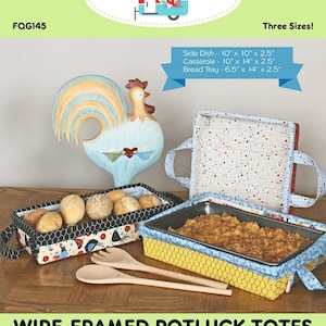 May include: Wire-framed potluck totes in three sizes: Side Dish 10" x 10" x 2.5", Casserole 10" x 14" x 2.5", and Bread Tray 6.5" x 14" x 2.5". The fabric totes feature chicken and honeycomb patterns, with two wooden serving utensils included.