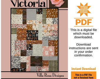 Victoria Quilt Pattern Only - INSTANT DIGITAL DOWNLOAD - By Villa Rosa Designs Size 48" x 64" (59" x 75" with optional border)