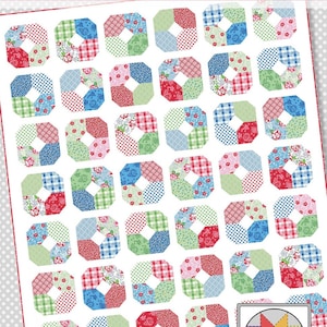 May include: A quilt pattern called "Layer Cake Lucy" featuring a white background with a grid of colorful patchwork squares in shades of red, blue, green, and pink. The pattern is made up of octagons with a diamond shape in the center. The quilt pattern is from "a bright corner".