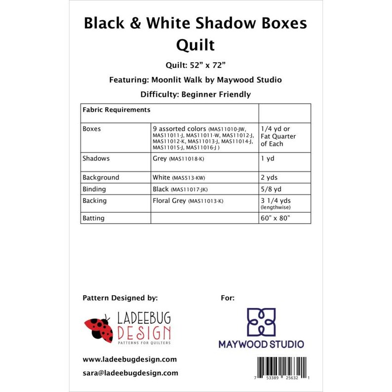 Black & White Shadow Boxes Quilt Pattern PTNM0150 From Ladeebug Design ...