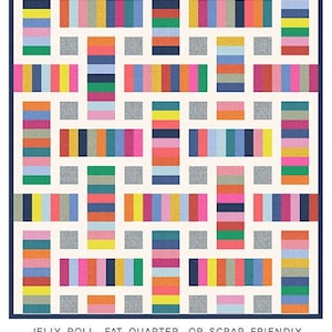 May include: A colorful quilt pattern called "The Irene Quilt" by Erica Jackman. The quilt is made up of colorful strips of fabric in a geometric pattern. The quilt is available in baby, lap, twin, queen, and king sizes. The quilt is made with jelly roll, fat quarter, or scrap fabric.