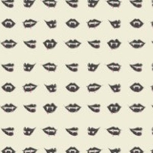 May include: A repeating pattern of dark gray vampire mouth illustrations on a cream-colored background. Each mouth is open, revealing fangs. The pattern is evenly spaced, creating a consistent design.