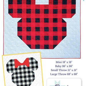 May include: A quilt pattern titled Buffalo Plaid Mouse featuring a red and black buffalo plaid mouse head shape on a light blue background, and a smaller black and white version with a red bow. Text includes sizes from 18" x 18" to 68" x 68".