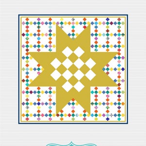 May include: A quilt pattern called "Star Patch" #733, featuring a large gold star with a white checkerboard pattern, surrounded by a border of colorful diamond-shaped patches. The pattern is from Gigi's Thimble quilt patterns.