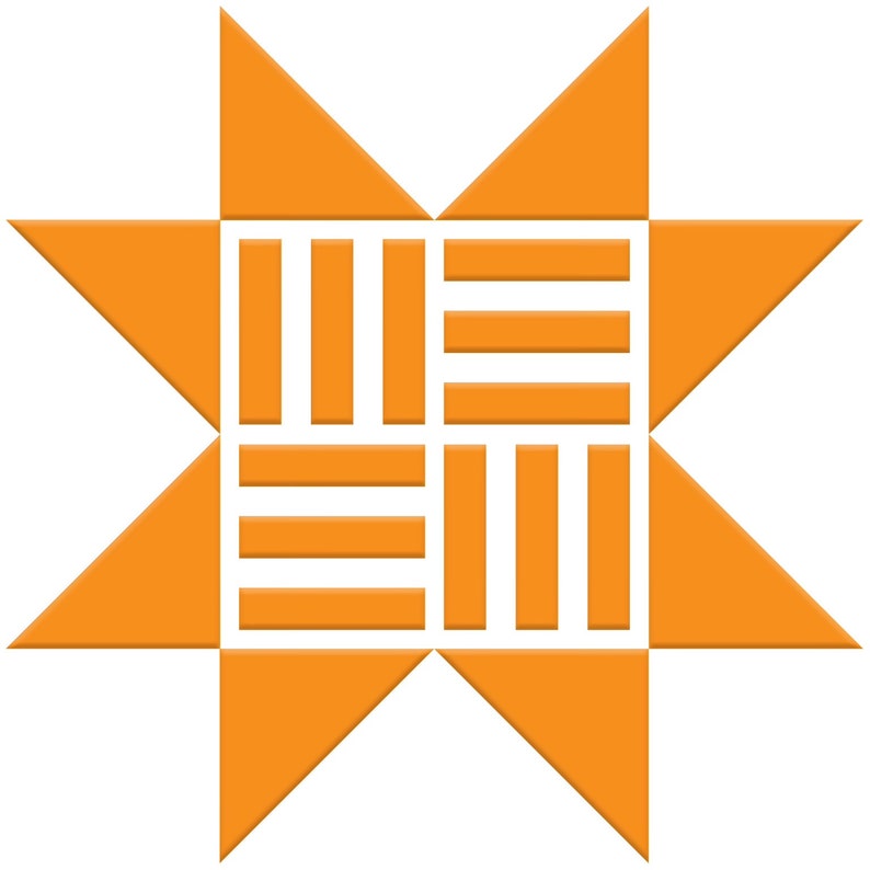 K&ouml;nnte beinhalten: Ein orangefarbenes Sternburst-Design mit einem gewebten Muster in der Mitte. Der Sternburst besteht aus acht Dreiecken.