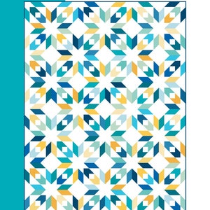 May include: A quilt pattern titled "same sky" by Morgan McCollough. The design features a repeating geometric pattern in shades of blue, teal, and yellow on a white background. The pattern is described as baby, square throw, rectangular throw, and bed size, and is FQ & scrap friendly.