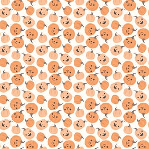 May include: A repeating pattern of orange pumpkins on a white background. The pumpkins feature simple, hand-drawn style faces with two black dots for eyes and a curved line for a mouth. Each pumpkin has a small, dark brown stem at the top.