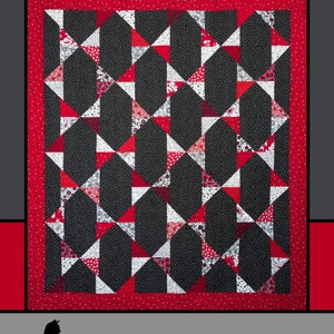 May include: A quilt pattern called "Bowtie" by Melissa Milligan for Villa Rosa Designs. The quilt features a black background with red and white triangles and polka dots.
