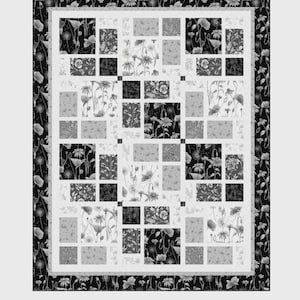 May include: A grayscale quilt with a floral pattern, featuring squares of varying shades and floral designs. The quilt is bordered with a floral pattern and the text "Graphite Tiles" is at the top. The website www.pinetreecountryquilts.com is at the bottom.