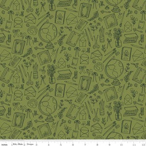May include: Olive green fabric with a repeating pattern of school and office supplies. The design includes globes, books, envelopes, scissors, paint palettes, pencils, and floral accents. The fabric is 12 inches wide.