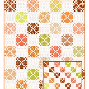 May include: Nine Patch Blooms quilt pattern featuring a white background with a grid of colorful squares. The pattern is layer cake friendly and includes a smaller version of the design in the bottom right corner. The pattern is by Fig Tree & Co. by Joanna Figueroa.