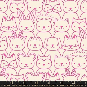 May include: A repeating pattern of various cartoon animals, including foxes, rabbits, bears, and cats, in a pink outline on a cream background. Each animal has a heart-shaped nose. The text "RUBY STAR SOCIETY" is at the bottom.
