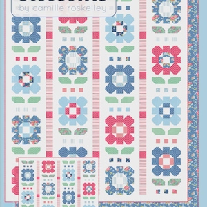 May include: A quilt pattern featuring a floral design with blue, red, and green accents. The quilt has a white background with vertical stripes and floral borders. The text "thimble blossoms" and "HOMEGROWN" are visible.