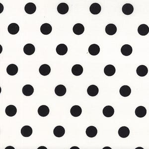 May include: A textile fabric featuring a repeating pattern of solid black circular polka dots evenly spaced across a plain white background. The design consists of multiple rows of these dark, round shapes arranged in a consistent grid-like formation.