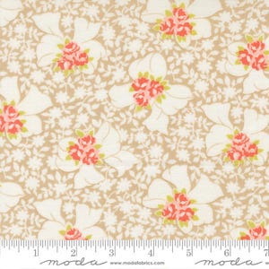 May include: Floral fabric with a repeating pattern of large white flowers with coral and green centers, set against a tan background with small white flowers and leaves. The fabric has a ruler along the bottom with the word "moda" printed on it.