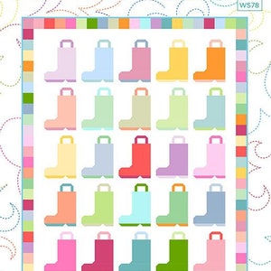 May include: A quilt pattern called "Chance of Rain" featuring a colorful arrangement of 20 rain boots. The finished quilt size is 42" x 52".