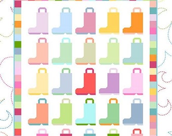 May include: A quilt pattern called "Chance of Rain" featuring a colorful arrangement of 20 rain boots. The finished quilt size is 42" x 52".