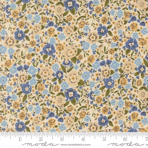 May include: Floral fabric with a cream background, featuring a dense pattern of blue, yellow, and cream-colored flowers with green leaves. The fabric has a ruler along the bottom edge, marked in inches.
