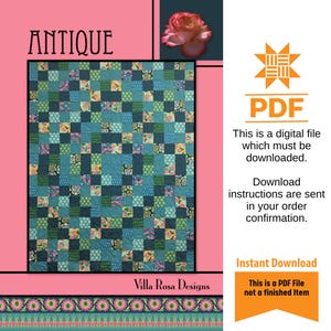 May include: A PDF pattern for a quilt called "Antique" by Villa Rosa Designs. The quilt is made up of small squares in shades of blue, green, and pink. The pattern is available for instant download.