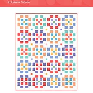 May include: A quilt pattern titled "Poppy" by Suzanne Jackman. The design features a repeating pattern of colorful squares in shades of red, blue, orange, and purple, creating a geometric floral design. The "splendid speck" logo is at the bottom.