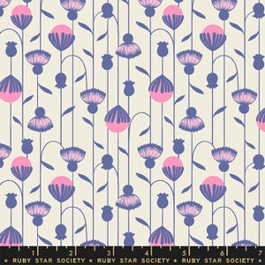 May include: Floral fabric with a cream background and a repeating pattern of stylized flowers in pink and blue. The flowers are arranged in vertical rows with curved stems and leaves. The text "RUBY STAR SOCIETY" is at the bottom.
