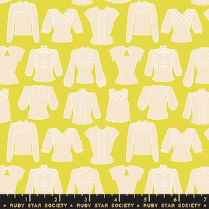 May include: A seamless pattern featuring various white silhouettes of blouses on a bright yellow background. The blouses have different necklines, sleeve lengths, and decorative details.