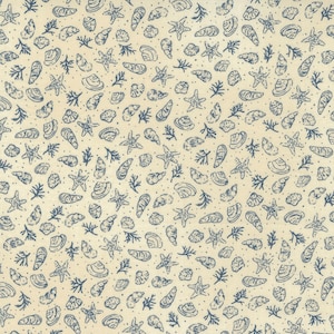 May include: A seamless pattern featuring a variety of blue seashells and starfish on a light beige background. The pattern is perfect for fabric, wallpaper, or other decorative projects.