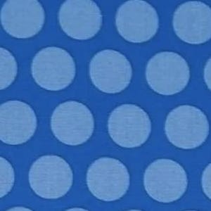 May include: A close-up of a blue fabric with a pattern of large, light blue polka dots. The dots are evenly spaced across the surface, creating a playful and visually appealing design. The fabric has a smooth texture.