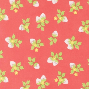 May include: A fabric pattern featuring a repeating design of white strawberries with small red dots, accompanied by light green leaves and small yellow flowers, all set against a solid, vibrant coral-red background.