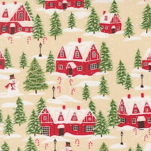May include: A fabric pattern featuring a repeating winter village scene on a light tan background. The design includes red houses with white snow-covered roofs, green pine trees, snowmen with red scarves, and small black street lamps.