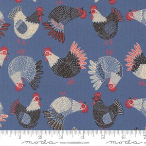 May include: Blue fabric with a repeating pattern of stylized roosters in various poses. The roosters feature red combs and waddles, with black, white, and blue plumage. The fabric has a textured appearance.