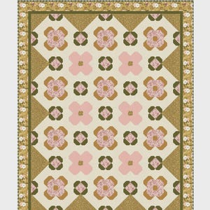 May include: A floral quilt titled "Spring Blooms" with dimensions of 64" x 82.5". The quilt features a cream background with repeating pink and tan flower patterns. The border is green with floral and geometric designs. The Lamb Farm Designs logo is at the bottom.