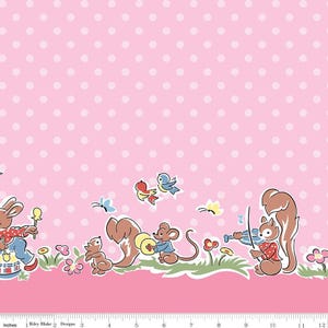 May include: Pink fabric with a polka dot pattern and a border featuring cartoon animals. The border includes a rabbit playing a drum, a squirrel playing a violin, and other animals with musical instruments.