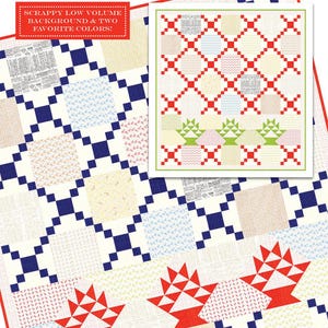 May include: A quilt pattern called "Rendezvous" featuring a scrappy low volume background with two favorite colors. The pattern includes a red and white checkered design with a green and white basket design in the center. The pattern also includes a blue and white checkered design with a red basket design in the center.
