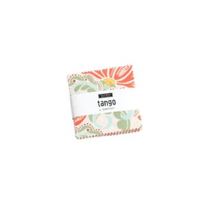May include: A stack of fabric squares with a floral pattern in shades of orange, green, and blue. The fabric is wrapped with a white band that reads "tango" and "by Kate Spain".
