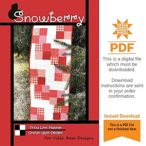 Peut inclure: Un fichier numérique PDF pour un patron de quilt nommé "Snowberry". Le motif présente un quilt patchwork rouge et blanc. Le fichier est disponible en téléchargement instantané. Le texte de l'image indique : "Ceci est un fichier PDF, pas un article fini."