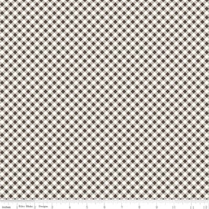 May include: A fabric with a repeating pattern of small, dark brown and off-white gingham checks. The pattern is evenly spaced and covers the entire surface. The fabric is measured in inches.
