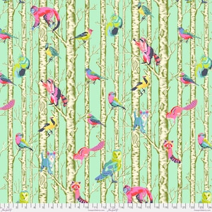May include: A whimsical fabric design featuring a repeating pattern of colorful birds, monkeys, raccoons, owls, and cats perched on birch tree branches against a light green background. The animals are in bright pink, yellow, blue, and teal.