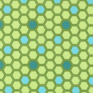 May include: Close-up of a fabric with a repeating honeycomb pattern. The design features light green and teal hexagons outlined in a darker green. Some hexagons are teal, while others are light green.