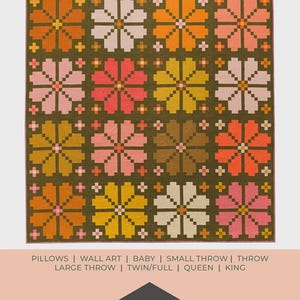 May include: A quilt pattern titled "KNITTED BLOOMS" by Brittany Lloyd. The quilt features a repeating floral design in shades of orange, pink, yellow, and white on a green background. The pattern is available in multiple sizes, including King and Queen.