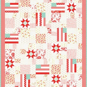 May include: A patchwork quilt featuring red, white, and blue patriotic designs. The quilt showcases blocks with American flags, red stars, and floral patterns. The border is a dotted red and the background is off-white.