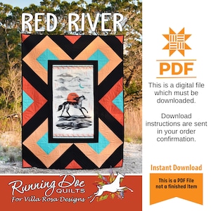 Könnte beinhalten: Ein Quilt mit einem zentralen Panel, das ein Pferd unter einem Sonnenuntergang zeigt, umgeben von geometrischen Mustern in Schwarz, Orange und Türkis. Der Quilt trägt die Aufschrift "Red River" und ist eine PDF-Datei.
