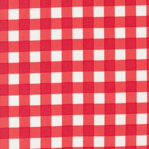 May include: A close-up of a red and white gingham pattern. The pattern consists of evenly spaced squares of red and white, creating a classic checkered design. The fabric appears to be a woven material.