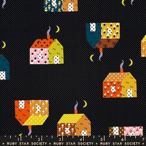 May include: Black fabric with a repeating pattern of colorful houses, moons, and stars. The houses have orange, yellow, green, and blue roofs with white star and flower accents. A whimsical design.