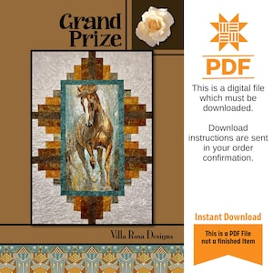 May include: A digital PDF pattern for a quilt featuring a horse in a southwestern style design. The quilt is called "Grand Prize" and is designed by Villa Rosa Designs.