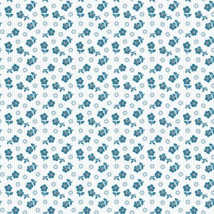 May include: A repeating pattern of blue flowers with red centers and green leaves on a white background with vertical stripes. Small dotted circles are interspersed throughout the design. The floral pattern is a classic design.