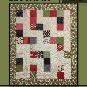 May include: A quilt pattern called "Leucadia" by Villa Rosa Designs. The quilt features a patchwork design with red, green, black, and white squares. The quilt is surrounded by a border of green fabric with white polka dots.