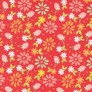 May include: A red fabric featuring a repeating pattern of stylized flowers in shades of pink, orange, yellow, and white, interspersed with small light green leaves and clusters of light pink berries throughout the textile design.