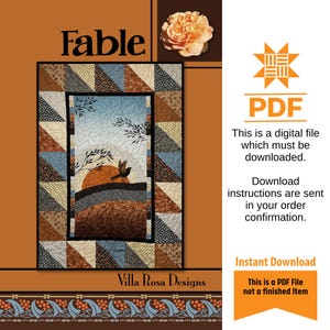 May include: A digital PDF download for a quilting pattern called "Fable" by Villa Rosa Designs. The pattern features a quilt design with a sunset, birds, and branches. The quilt is surrounded by a border of triangles in various colors.