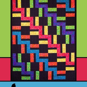 May include: A quilt pattern called "French Braids" by Melissa Milligan for Villa Rosa Designs. The quilt features a black background with colorful geometric shapes in a braided pattern.